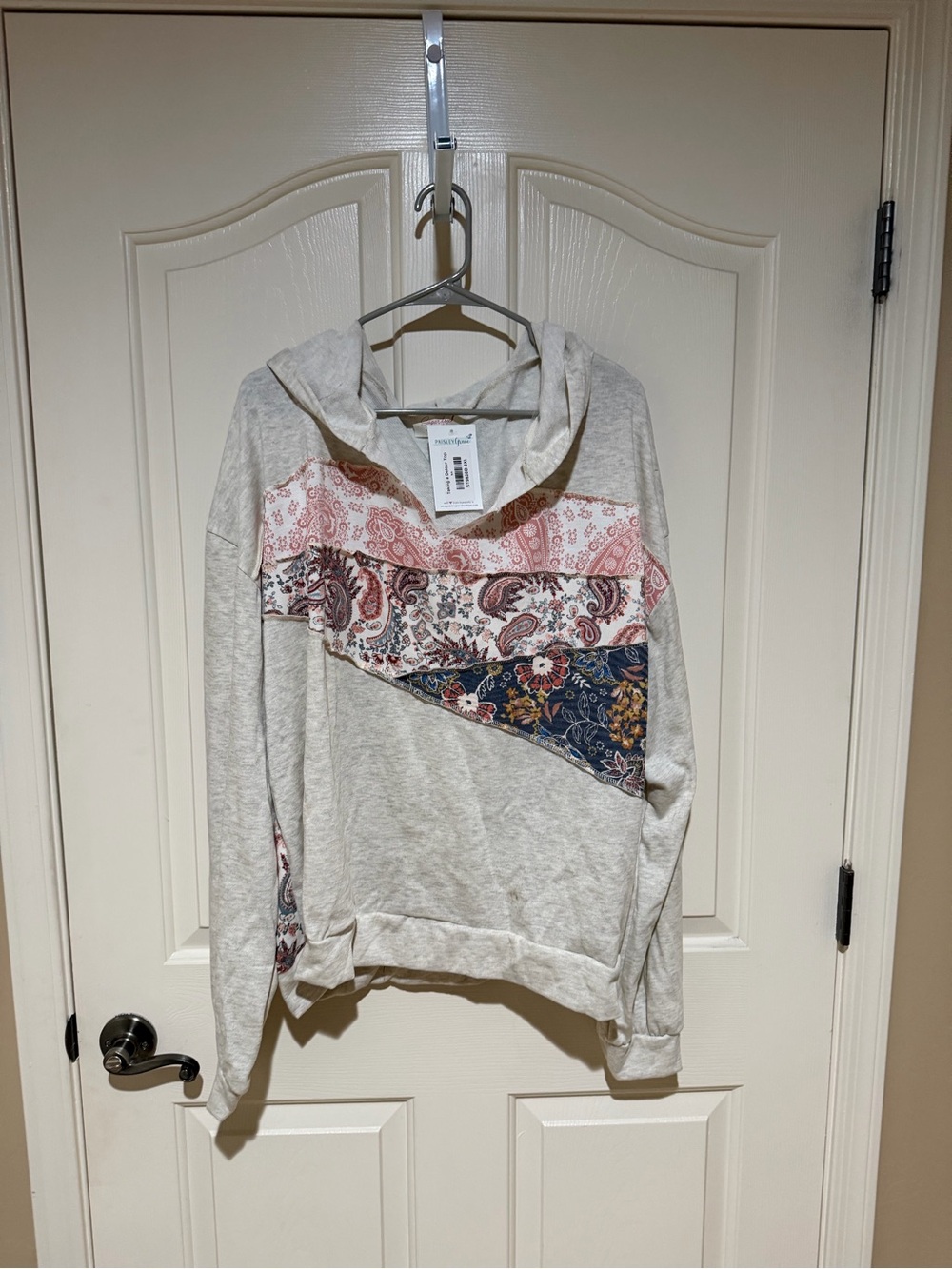 Light Gray Hooded Sweatshirt with Pink & Navy Paisley Panels